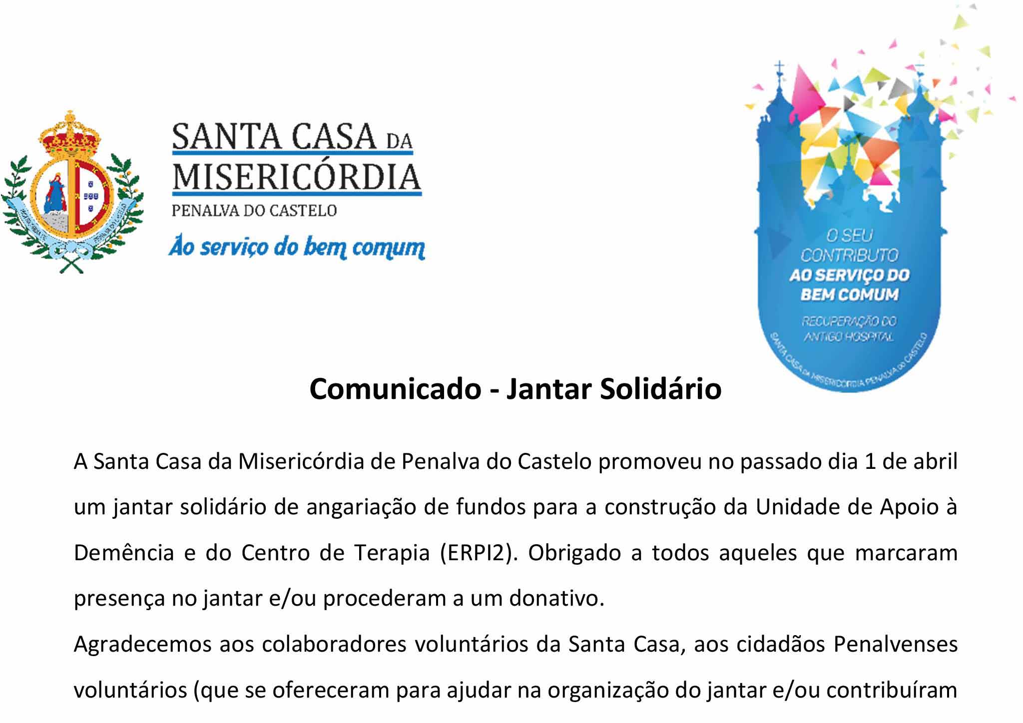 Comunicado – Jantar Solidário